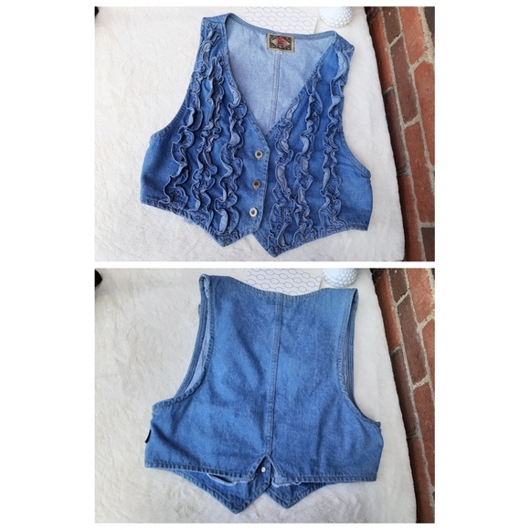 Vintage 80's Ruffle Denim Jean Vest Rare - Picture 6 of 8
